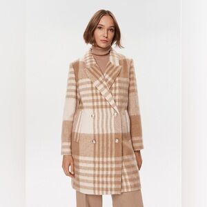 Guess Beige Cream Wool Plaid Double-Breasted Coat Sz XS
